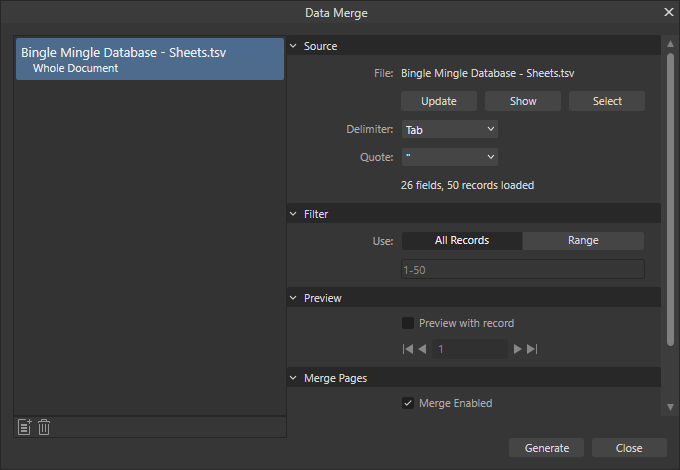 My settings for the Data Merge window. Specifically, Delimiter is specified as 'Tab'